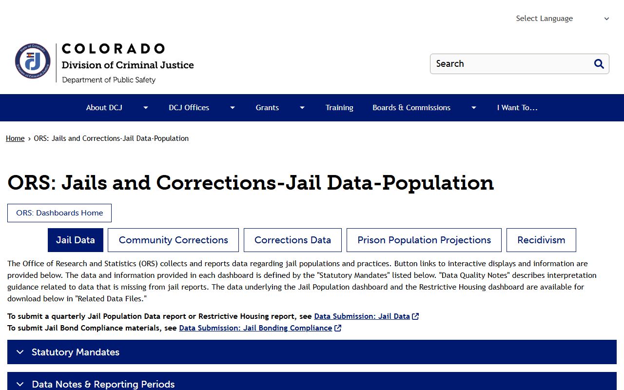 Elbert County inmate population data on the Colorado ORS jail population dashboard