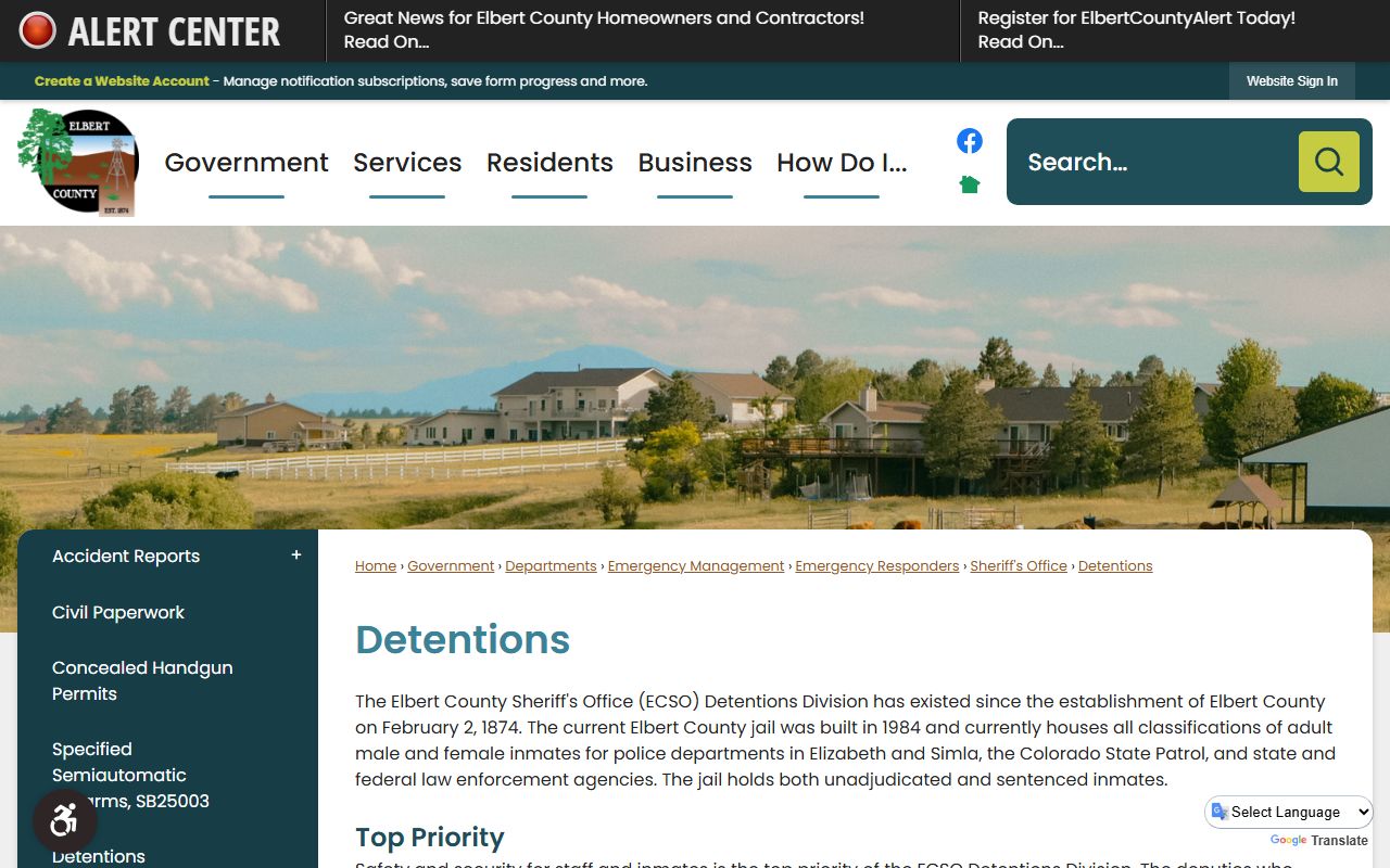 Elbert County Jail detentions page for inmate custody and facility services