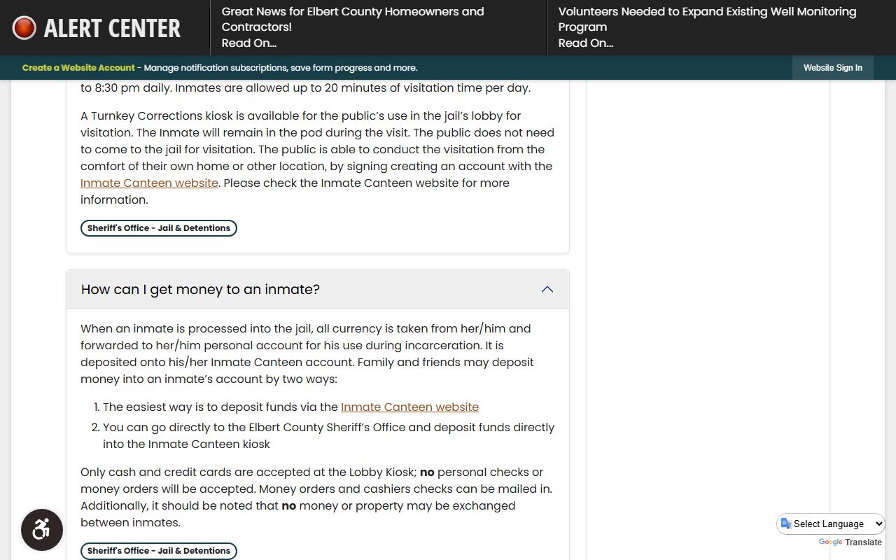 Elbert County Jail visitation FAQ for inmate video visits